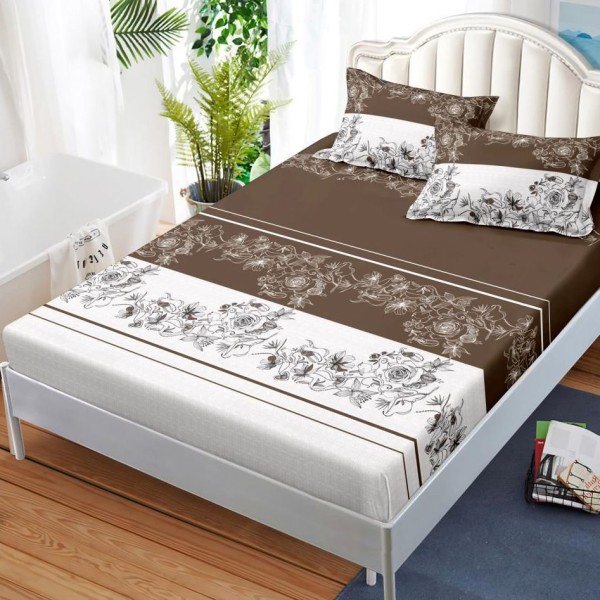 Cearsaf cu elastic, FINET, 180x200cm, 2 fete de perne 50x70cm, Maro, flori [1]