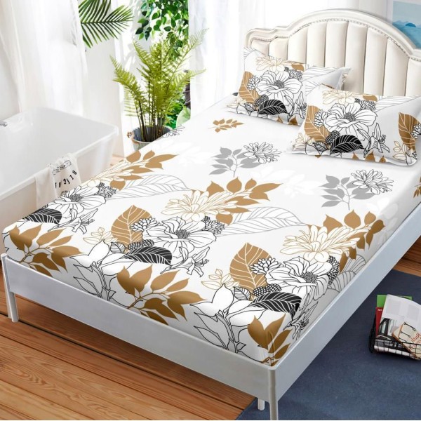 Cearsaf cu elastic, FINET, 180x200cm, 2 fete de perne 50x70cm, Maro, frunze [1]