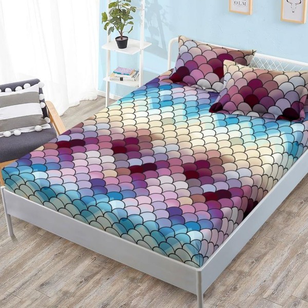 Cearsaf cu elastic, FINET, 180x200cm, 2 fete de perne 50x70cm, Mov, solzi [1]