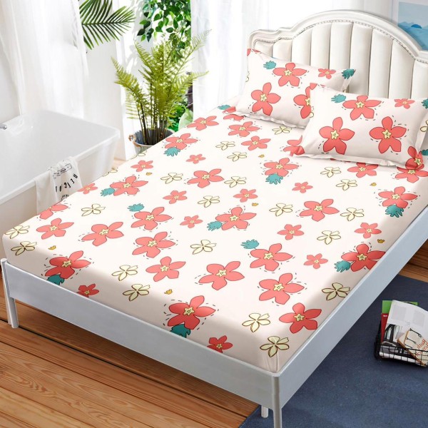 Cearsaf cu elastic, FINET, 180x200cm, 2 fete de perne 50x70cm, Corai, flori [1]