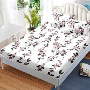 Cearsaf cu elastic, FINET, 180x200cm, 2 fete de perne 50x70cm, Bej, flori