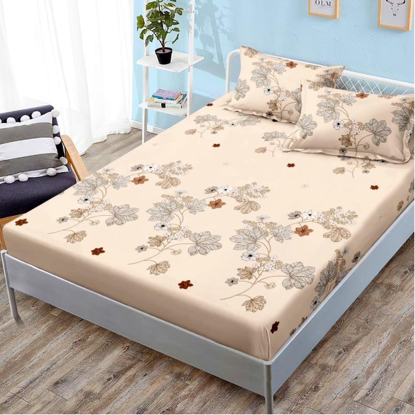 Cearsaf cu elastic, FINET, 180x200cm, 2 fete de perne 50x70cm, Bej, frunze [1]