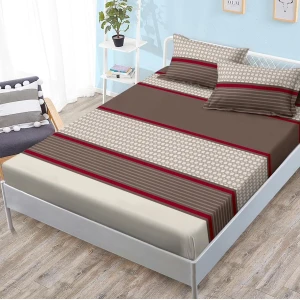 Cearsaf cu elastic, FINET, 180x200cm, 2 fete de perne 50x70cm, Maro, dungi, buline Cearsaf cu elastic, FINET, 180x200cm, 2 fete de perne 50x70cm, Maro, dungi, buline