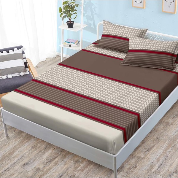 Cearsaf cu elastic, FINET, 180x200cm, 2 fete de perne 50x70cm, Maro, dungi, buline [1]