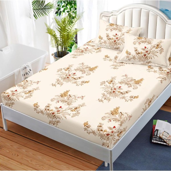 Cearsaf cu elastic, FINET, 180x200cm, 2 fete de perne 50x70cm, Bej, flori [1]