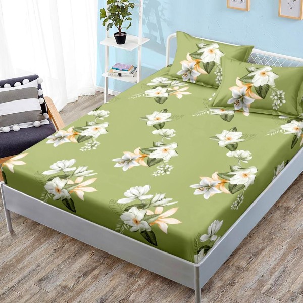 Cearsaf cu elastic, FINET, 180x200cm, 2 fete de perne 50x70cm, Verde, flori [1]