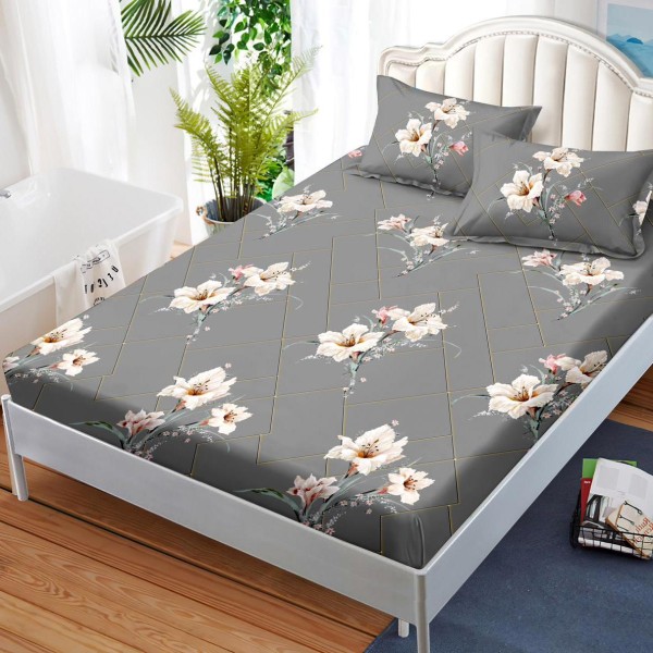 Cearsaf cu elastic, FINET, 180x200cm, 2 fete de perne 50x70cm, Gri, flori [1]