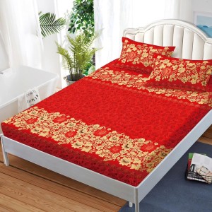 Cearsaf cu elastic, FINET, 180x200cm, 2 fete de perne 50x70cm, Rosu, flori