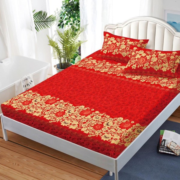 Cearsaf cu elastic, FINET, 180x200cm, 2 fete de perne 50x70cm, Rosu, flori [1]