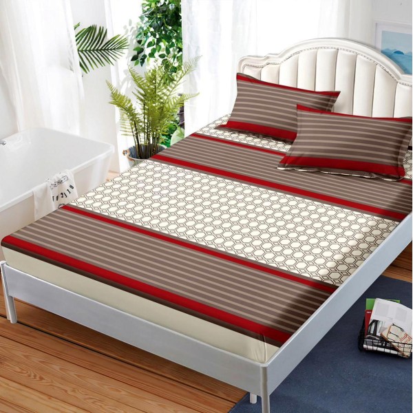 Cearsaf cu elastic, FINET, 180x200cm, 2 fete de perne 50x70cm, Maro, dungi, forme geometrice [1]