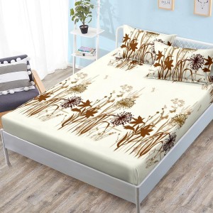 Cearsaf cu elastic, FINET, 180x200cm, 2 fete de perne 50x70cm, Maro, flori