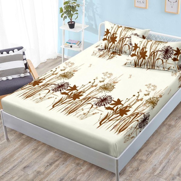 Cearsaf cu elastic, FINET, 180x200cm, 2 fete de perne 50x70cm, Maro, flori [1]