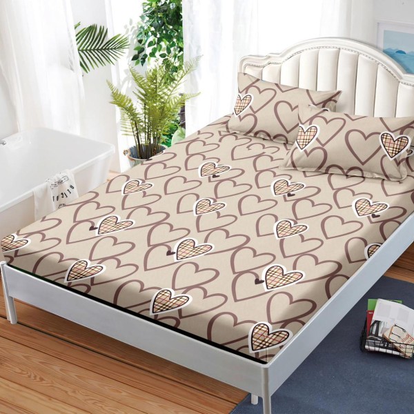 Cearsaf cu elastic, FINET, 180x200cm, 2 fete de perne 50x70cm, Maro, inimioare [1]