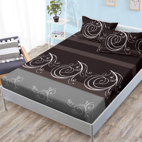 Cearsaf cu elastic, FINET, 180x200cm, 2 fete de perne 50x70cm, Maro, dungi [1]