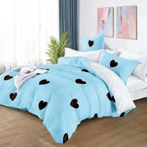 Lenjerie pat dublu cu Elastic, bumbac satinat, Bleu, inimioare