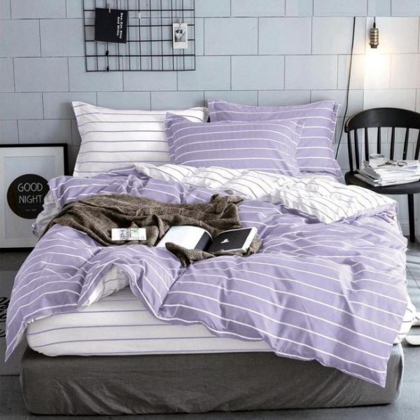 Lenjerie pat dublu cu Elastic (160x200cm si 180x200cm), bumbac satinat, Lila, dungi [1]