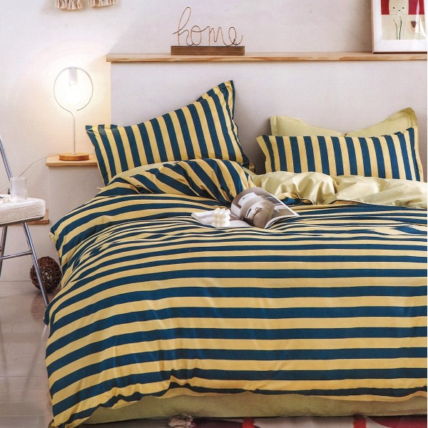 Lenjerie pat dublu cu Elastic (160x200cm si 180x200cm), bumbac satinat, Galben-Albastru, dungi [1]