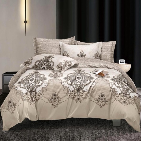 Lenjerie pat dublu cu Elastic (160x200cm si 180x200cm), bumbac satinat, Bej, model oriental [1]