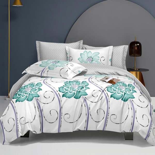 Lenjerie pat dublu cu Elastic (160x200cm si 180x200cm), bumbac satinat, Turquoise, flori [1]