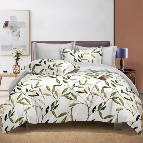 Lenjerie pat dublu cu Elastic (160x200cm si 180x200cm), bumbac satinat, Verde, frunze [1]