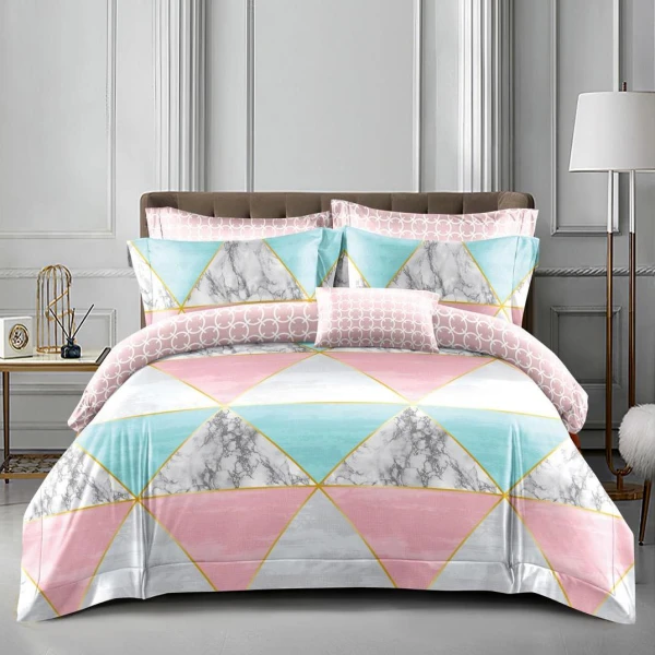 Lenjerie pat dublu cu Elastic (160x200cm si 180x200cm), bumbac satinat, Roz-Turquoise, romburi [1]