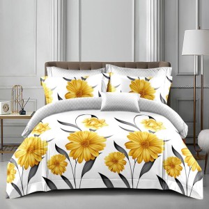 Lenjerie pat dublu cu Elastic, bumbac satinat, Galben, flori