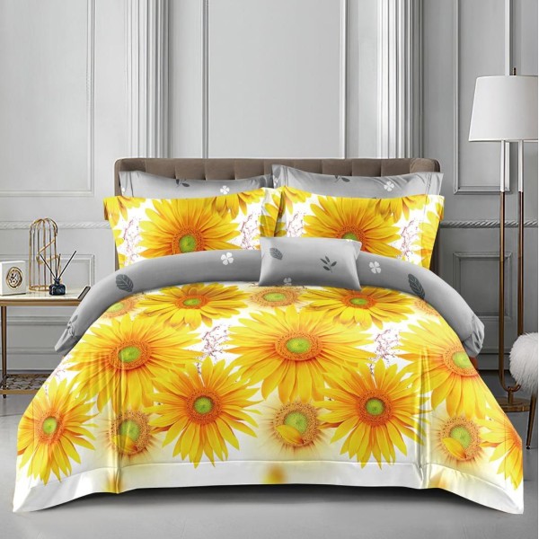 Lenjerie pat dublu cu Elastic (160x200cm si 180x200cm), bumbac satinat, Galben, flori [1]