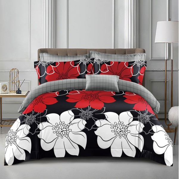 Lenjerie pat dublu (140x200cm, 160x200cm, 180x200cm), bumbac satinat, cearsaf clasic, 4 piese,  Negru, flori [1]
