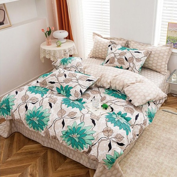Lenjerie pat dublu (140x200cm, 160x200cm, 180x200cm), bumbac satinat, cearsaf clasic, 4 piese,  Bej, flori [1]