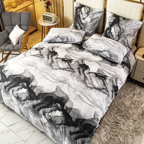 Lenjerie pat dublu (140x200cm, 160x200cm, 180x200cm), bumbac satinat, cearsaf clasic, 4 piese,  Gri, marmura [1]