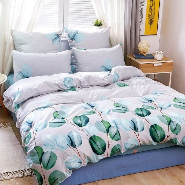 Lenjerie pat dublu (140x200cm, 160x200cm, 180x200cm), bumbac satinat, cearsaf clasic, 4 piese,  Verde, frunze [1]