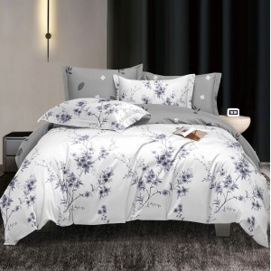 Lenjerie pat dublu (140x200cm, 160x200cm, 180x200cm), bumbac satinat, cearsaf clasic, 4 piese,  Gri, flori Lenjerie pat dublu (140x200cm, 160x200cm, 180x200cm), bumbac satinat, cearsaf clasic, 4 piese,  Gri, flori