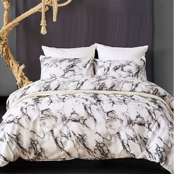 Lenjerie pat dublu (140x200cm, 160x200cm, 180x200cm), bumbac satinat, cearsaf clasic, 4 piese,  Gri, marmura [1]