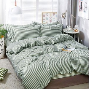 Lenjerie pat dublu (140x200cm, 160x200cm, 180x200cm), bumbac satinat, cearsaf clasic, 4 piese,  Verde, dungi Lenjerie pat dublu (140x200cm, 160x200cm, 180x200cm), bumbac satinat, cearsaf clasic, 4 piese,  Verde, dungi