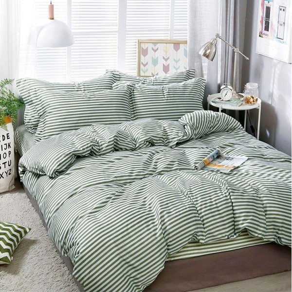 Lenjerie pat dublu (140x200cm, 160x200cm, 180x200cm), bumbac satinat, cearsaf clasic, 4 piese,  Verde, dungi [1]