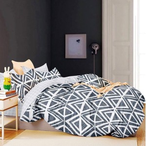 Lenjerie pat dublu (140x200cm, 160x200cm, 180x200cm), bumbac satinat, cearsaf clasic, 4 piese,  Gri, romburi Lenjerie pat dublu (140x200cm, 160x200cm, 180x200cm), bumbac satinat, cearsaf clasic, 4 piese,  Gri, romburi