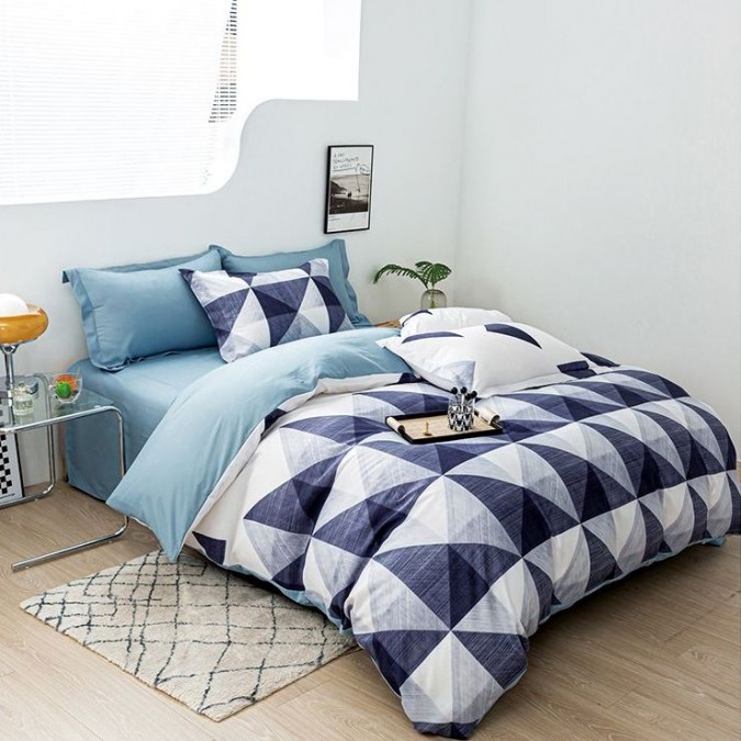 Lenjerie pat dublu cu două feţe, 4 piese, Bumbac Satinat Superior, Albastru, forme geometrice