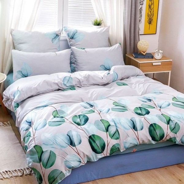 Lenjerie pat dublu cu Elastic (160x200cm si 180x200cm), bumbac satinat, Verde, frunze [1]