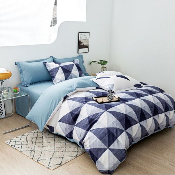 Lenjerie pat dublu cu Elastic (160x200cm si 180x200cm), bumbac satinat, Albastru, forme geometrice [1]