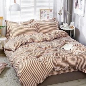 Lenjerie pat dublu cu Elastic, bumbac satinat, Maro, dungi