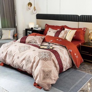 Lenjerie pat dublu, bumbac satinat, cearsaf clasic, 4 piese,  Bej, oriental