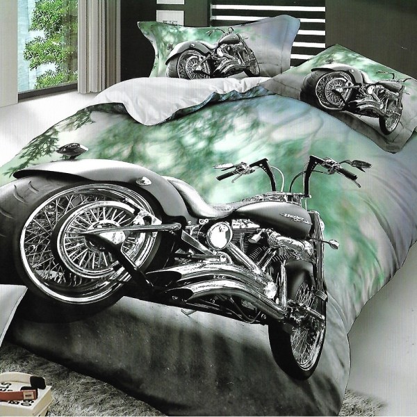 Lenjerie pat dublu (140x200cm, 160x200cm, 180x200cm), cearsaf clasic, imprimeu 3D, Gri, motocicleta [1]