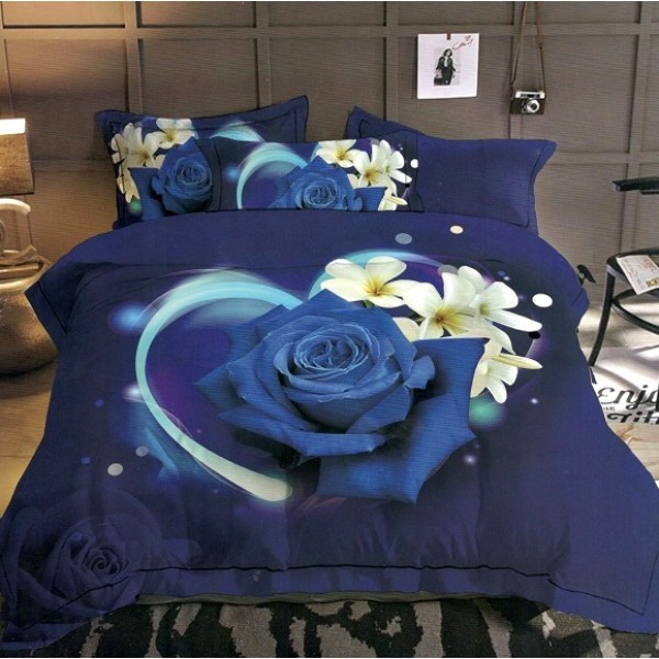 Lenjerie pat dublu (140x200cm, 160x200cm, 180x200cm), cearsaf clasic, imprimeu 3D, Albastru, flori [1]