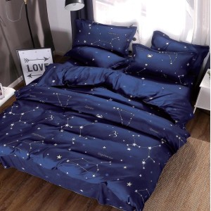 Lenjerie pat dublu (140x200cm, 160x200cm, 180x200cm), bumbac satinat, cearsaf clasic, 4 piese,  Bleumarin, stelute Lenjerie pat dublu (140x200cm, 160x200cm, 180x200cm), bumbac satinat, cearsaf clasic, 4 piese,  Bleumarin, stelute