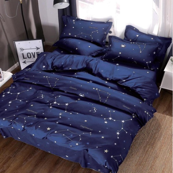 Lenjerie pat dublu (140x200cm, 160x200cm, 180x200cm), bumbac satinat, cearsaf clasic, 4 piese,  Bleumarin, stelute [1]