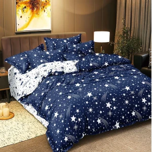 Lenjerie pat dublu (140x200cm, 160x200cm, 180x200cm), bumbac satinat, cearsaf clasic, 4 piese,  Albastru, stelute Lenjerie pat dublu (140x200cm, 160x200cm, 180x200cm), bumbac satinat, cearsaf clasic, 4 piese,  Albastru, stelute