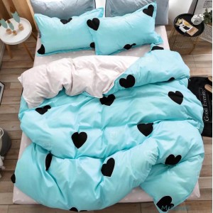 Lenjerie pat dublu (140x200cm, 160x200cm, 180x200cm), bumbac satinat, cearsaf clasic, 4 piese,  Bleu, inimioare Lenjerie pat dublu (140x200cm, 160x200cm, 180x200cm), bumbac satinat, cearsaf clasic, 4 piese,  Bleu, inimioare