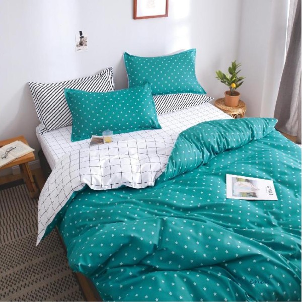 Lenjerie pat dublu (140x200cm, 160x200cm, 180x200cm), bumbac satinat, cearsaf clasic, 4 piese,  Verde, stelute [1]