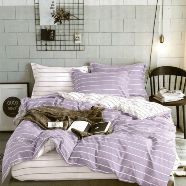 Lenjerie pat dublu (140x200cm, 160x200cm, 180x200cm), bumbac satinat, cearsaf clasic, 4 piese,  Lila, dungi [1]
