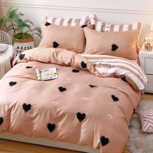 Lenjerie pat dublu, bumbac satinat, cearsaf clasic, 4 piese,  Roz pudra, inimioare